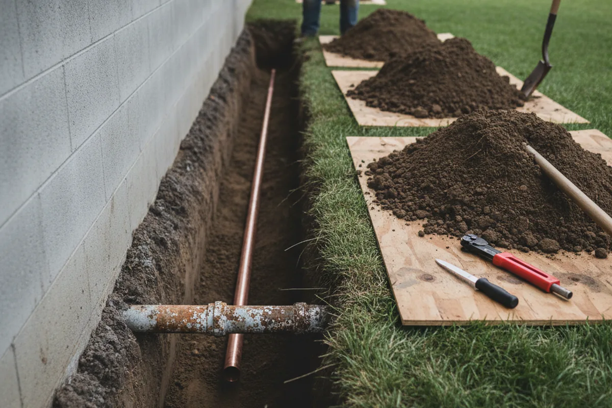 Excavated water line trench during Water Heater Repair in Cypress